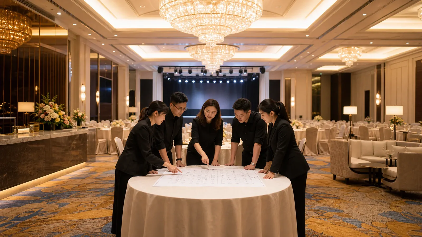 Corporate annual dinner furniture — event furniture arranged and centred for an event setup