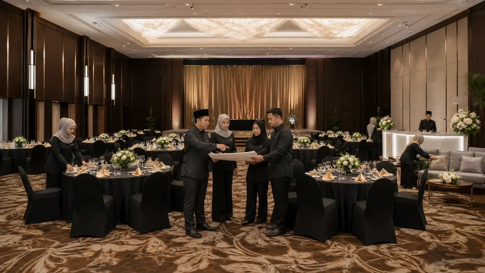 Perabot makan malam tahunan korporat — perabot acara disusun dan berada di tengah persediaan acara