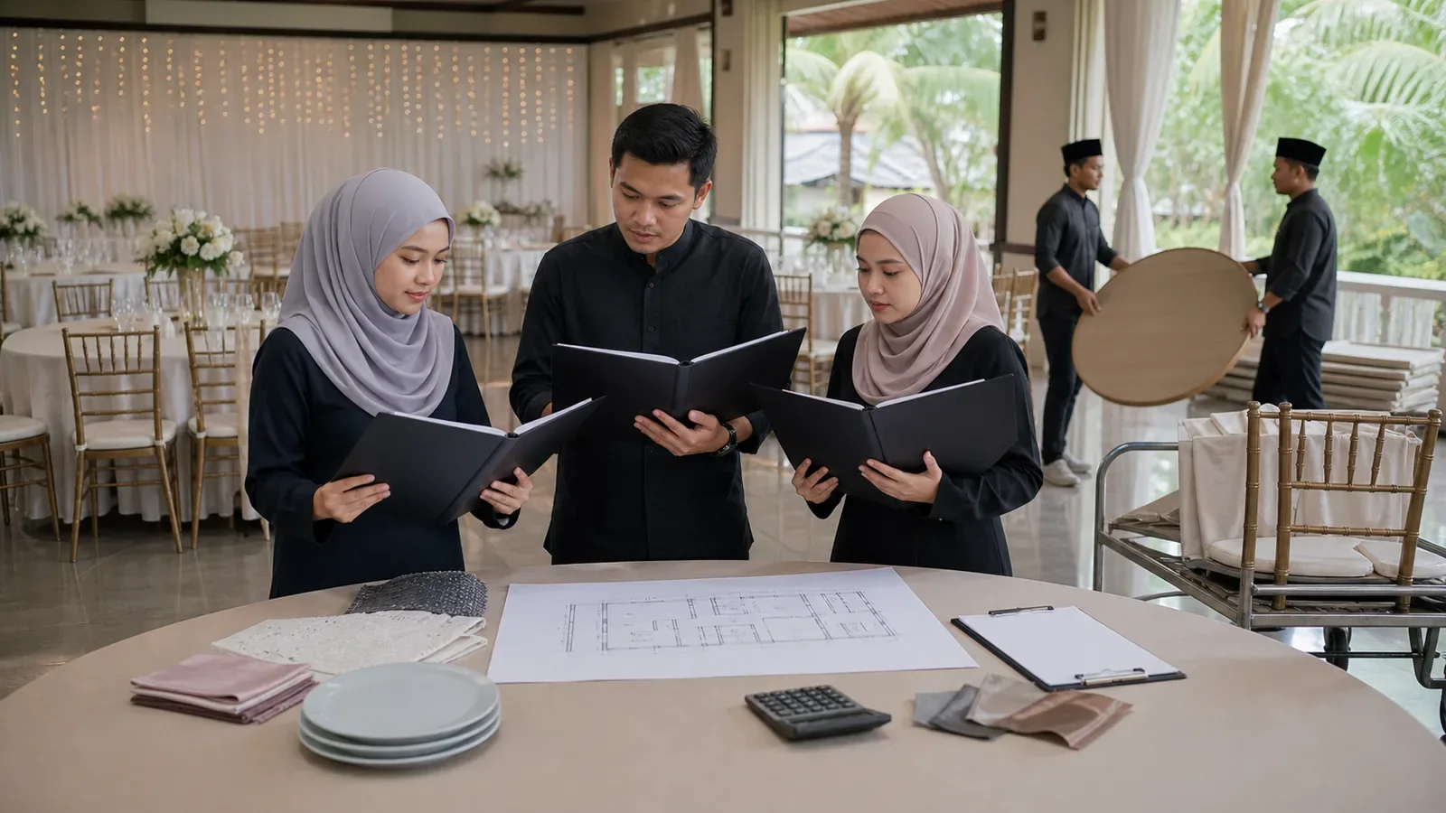 Bandingkan sebut harga perabot acara baris demi baris — perabot acara disusun dan berada di tengah persediaan acara