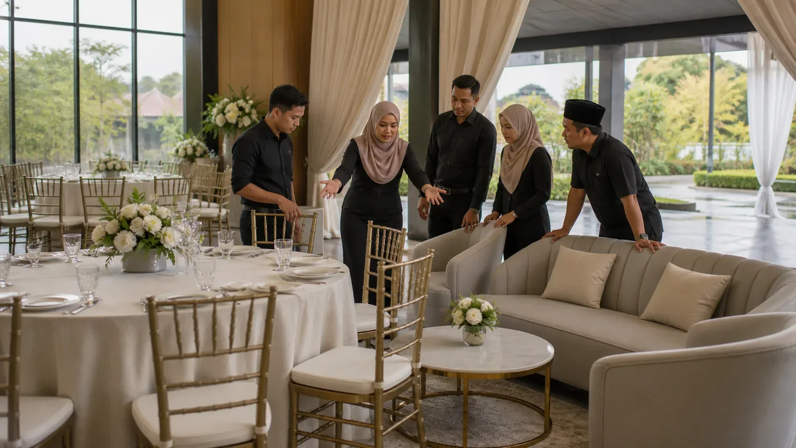 Cari sewaan perabot acara yang sesuai di Malaysia — perabot acara disusun dan berada di tengah persediaan acara