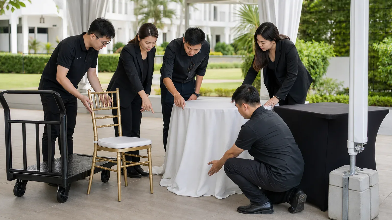 Event furniture glossary — event furniture arranged and centred for an event setup