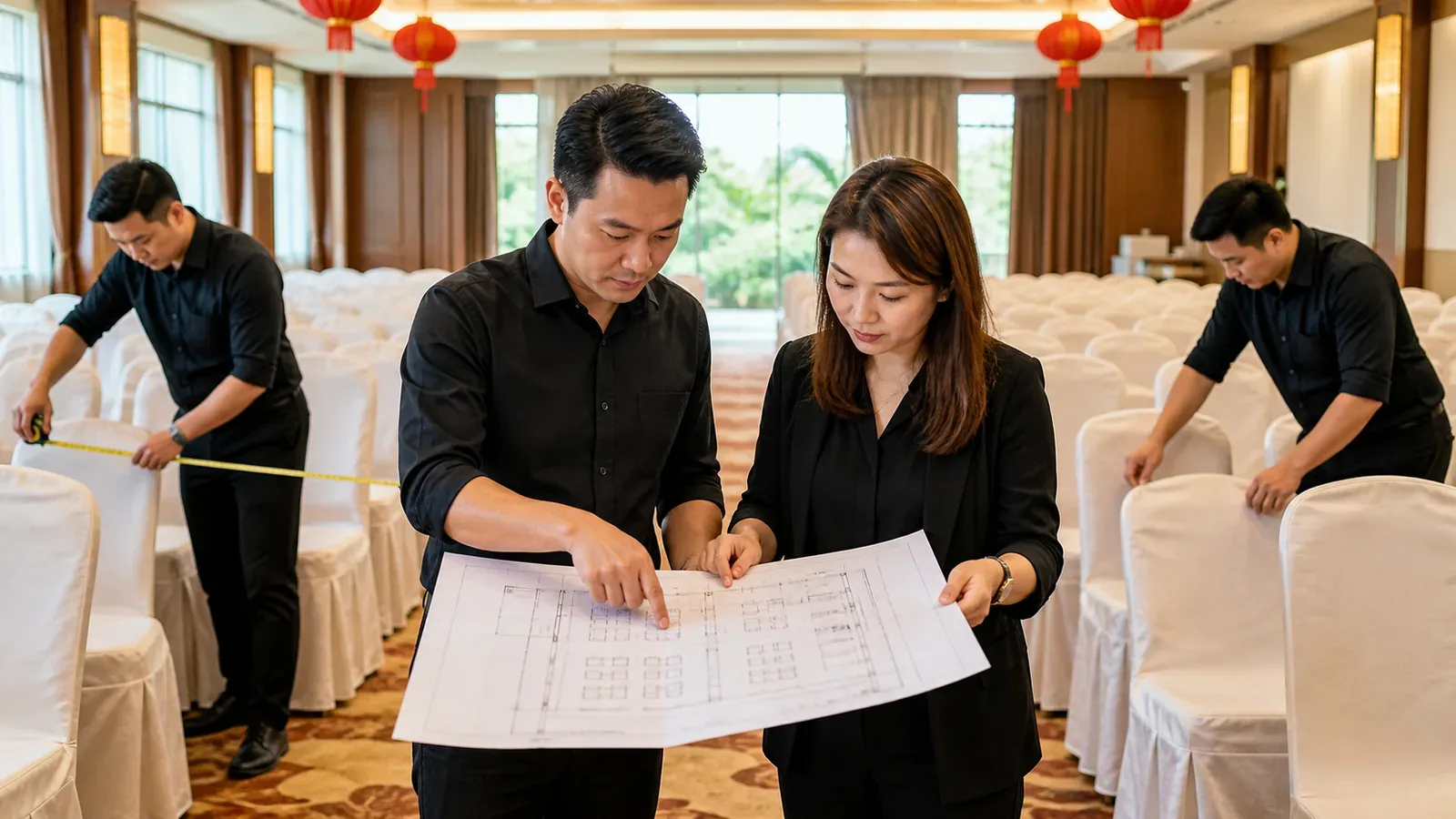 Event furniture planning guides — event furniture arranged and centred for an event setup