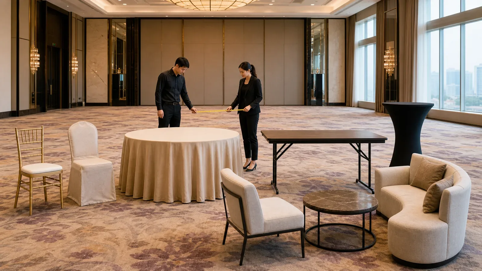 Event furniture types — event furniture arranged and centred for an event setup