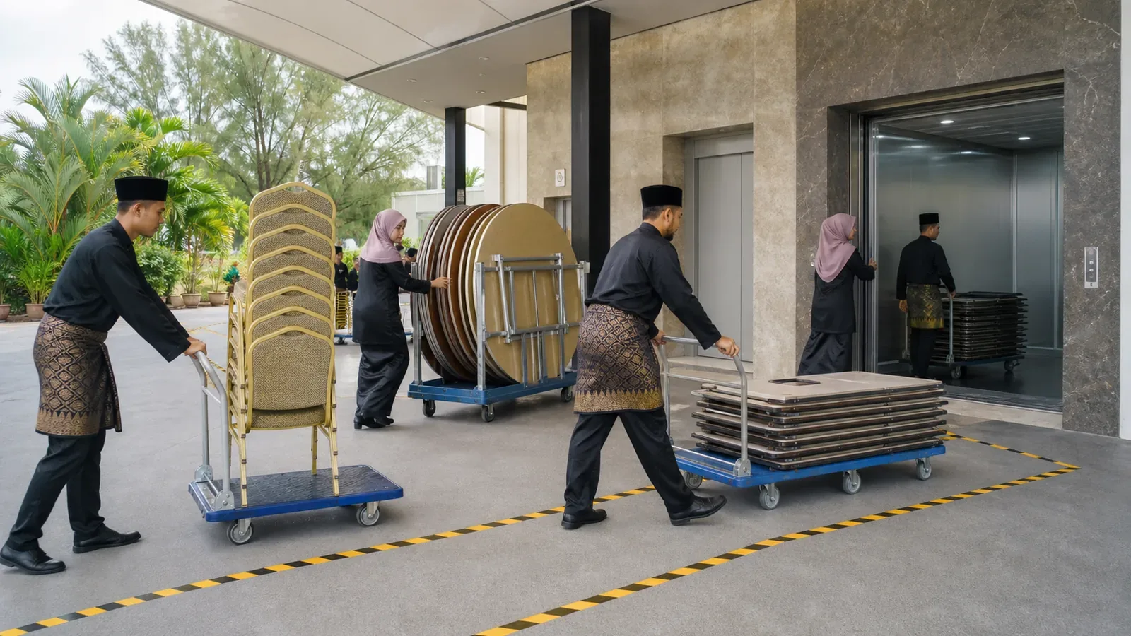Panduan lokasi Malaysia — perabot acara disusun dan berada di tengah persediaan acara
