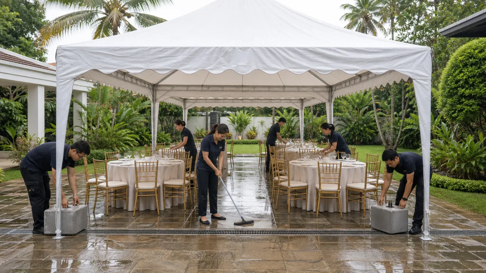 Canopy and tent structures — event furniture arranged and centred for an event setup