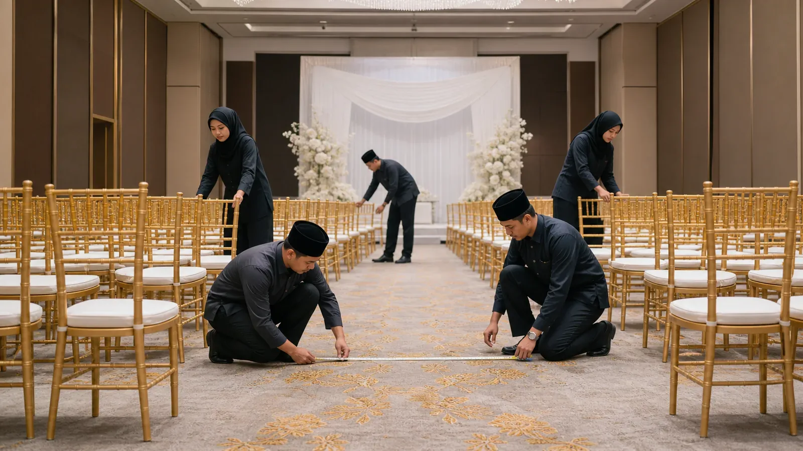 Kerusi Tiffany / Chiavari — perabot acara disusun dan berada di tengah persediaan acara
