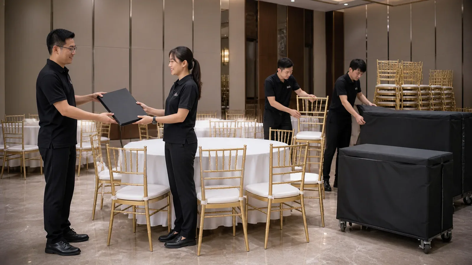How event furniture enquiries are handled — event furniture arranged and centred for an event setup