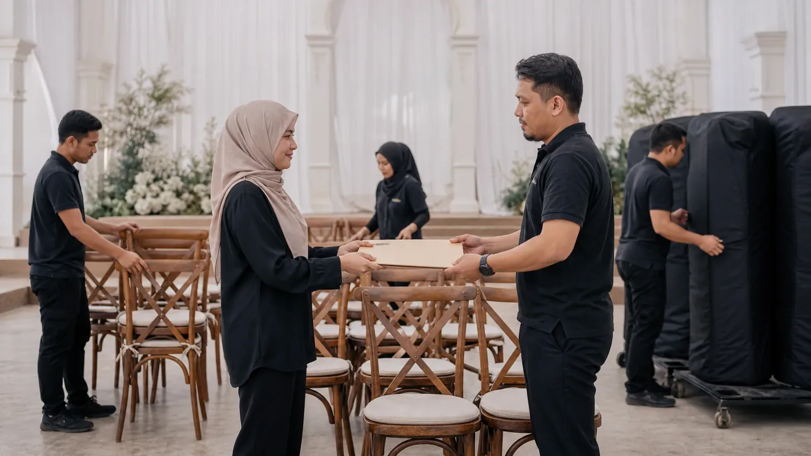 Cara pertanyaan perabot acara diurus — perabot acara disusun dan berada di tengah persediaan acara