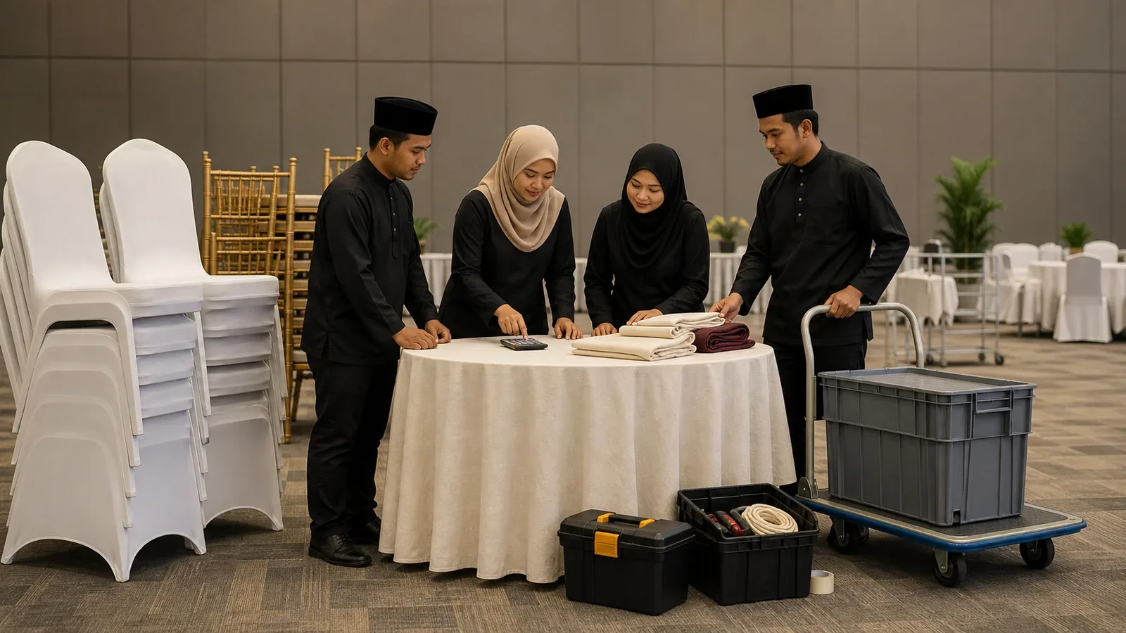 Apa yang mempengaruhi harga sewaan perabot acara di Malaysia — perabot acara disusun dan berada di tengah persediaan acara