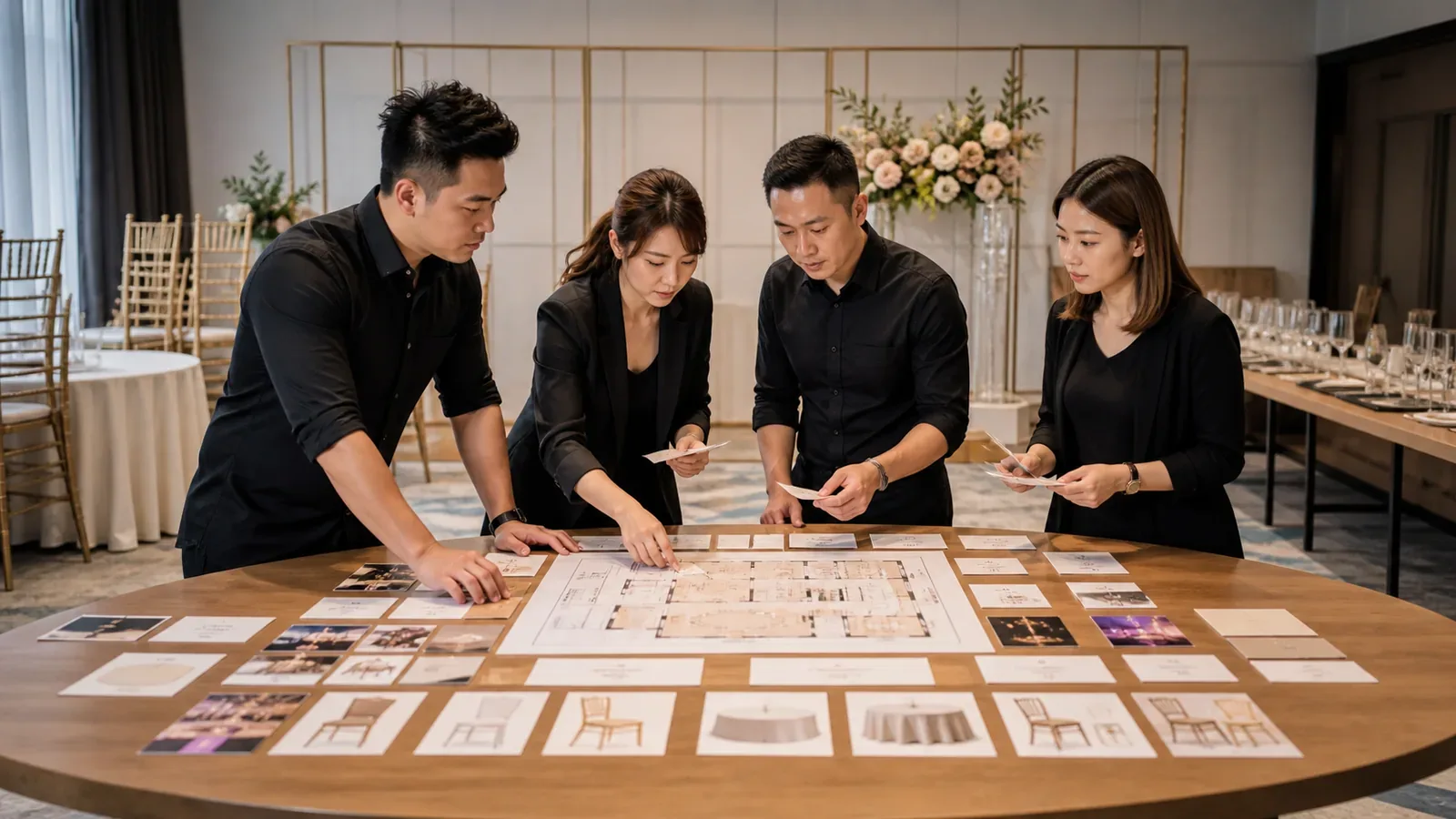 WhatsApp event brief builder — event furniture arranged and centred for an event setup