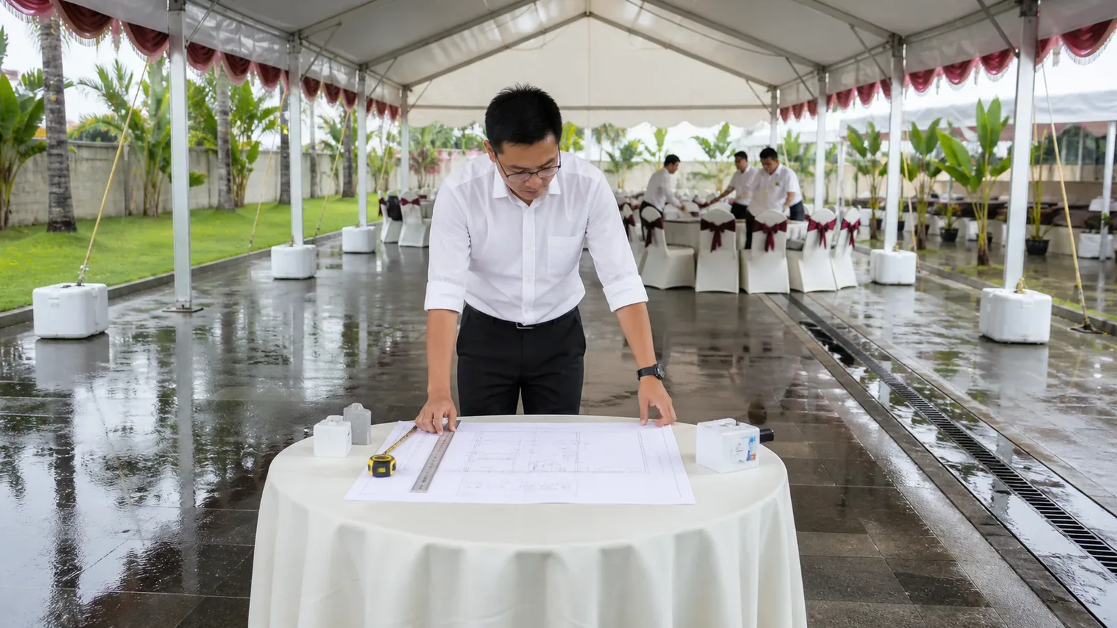 Canopy footprint planner — event furniture arranged and centred for an event setup