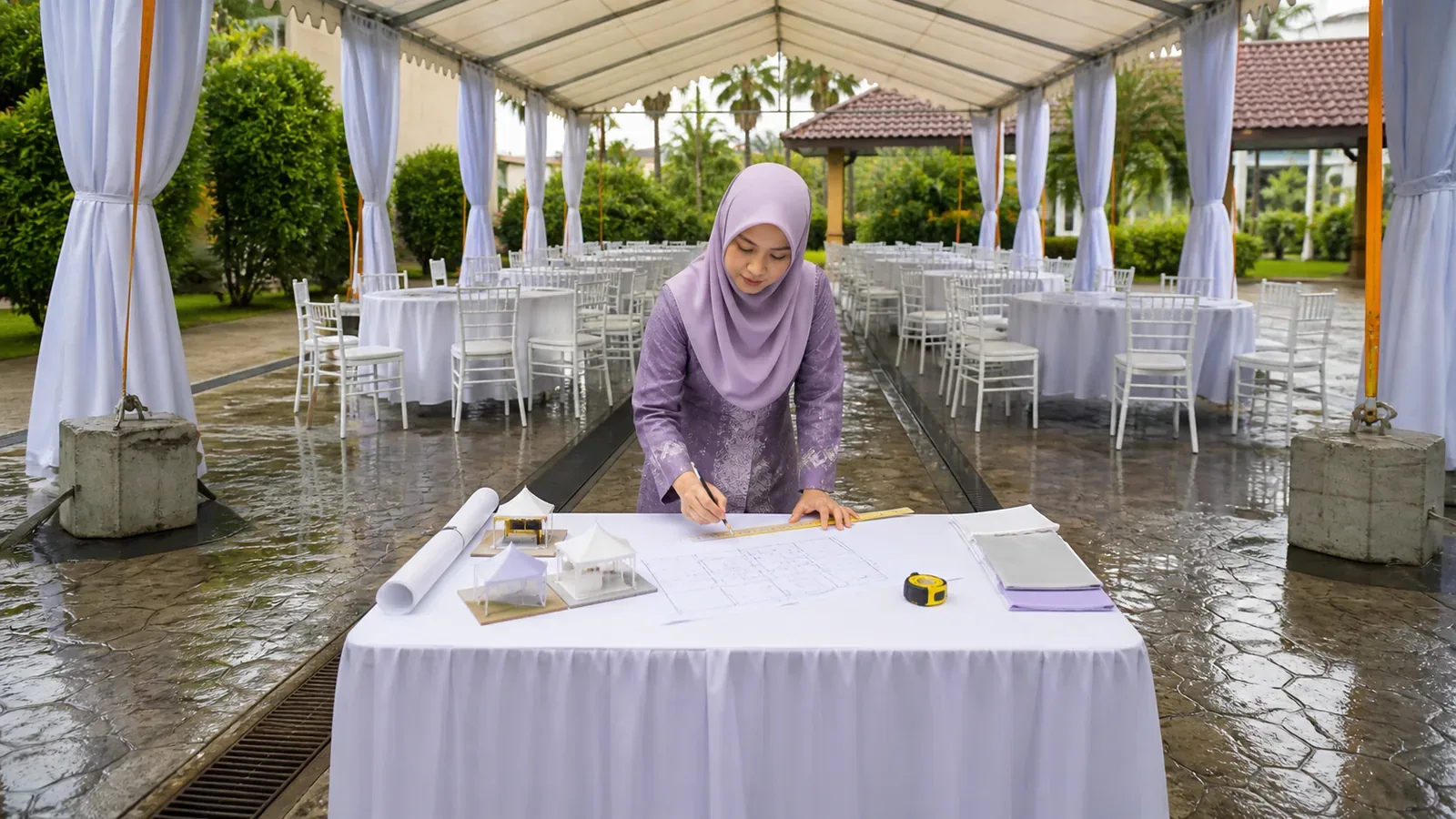 Perancang keluasan kanopi — perabot acara disusun dan berada di tengah persediaan acara