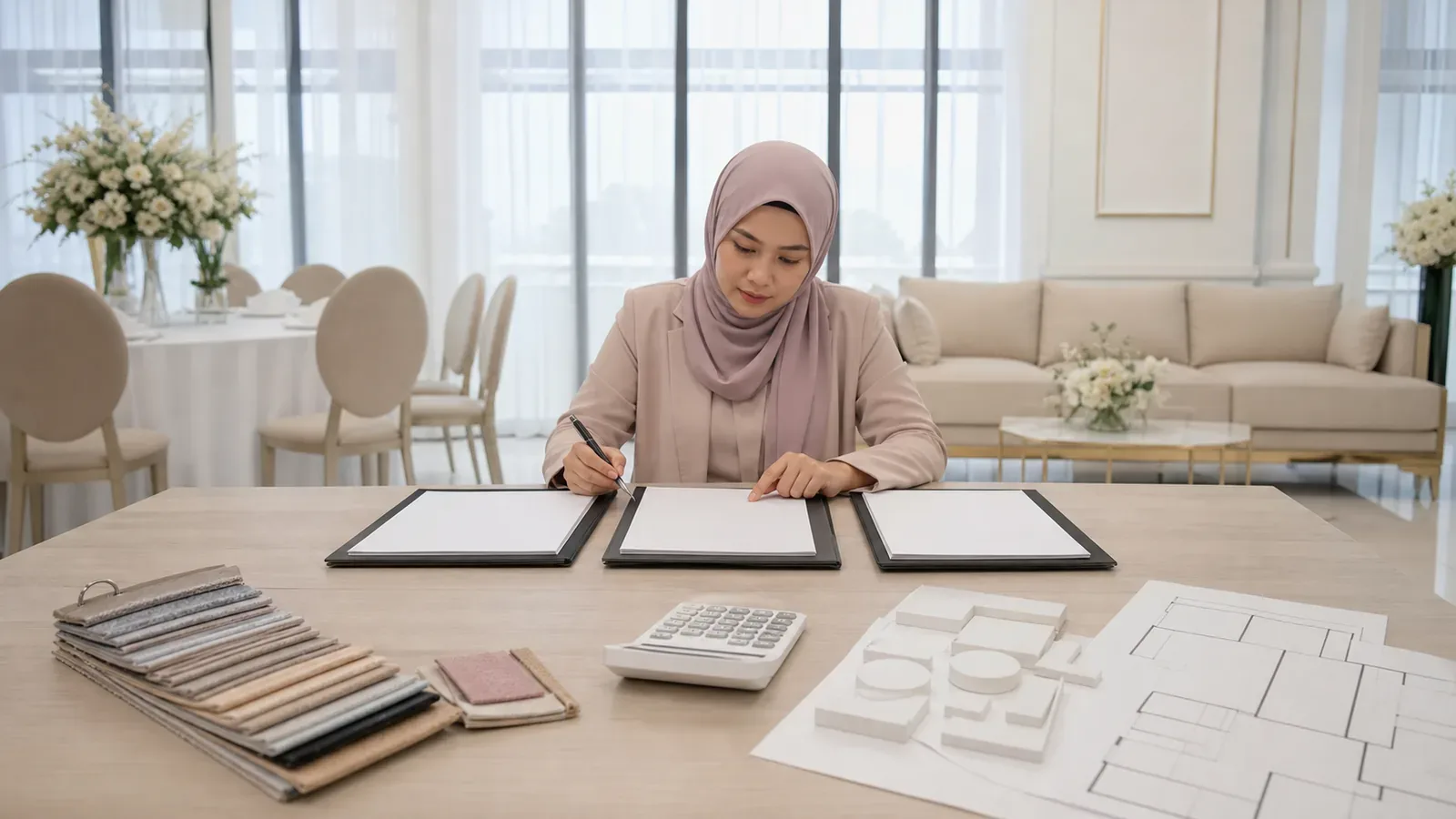 Ruang perbandingan sebut harga — perabot acara disusun dan berada di tengah persediaan acara