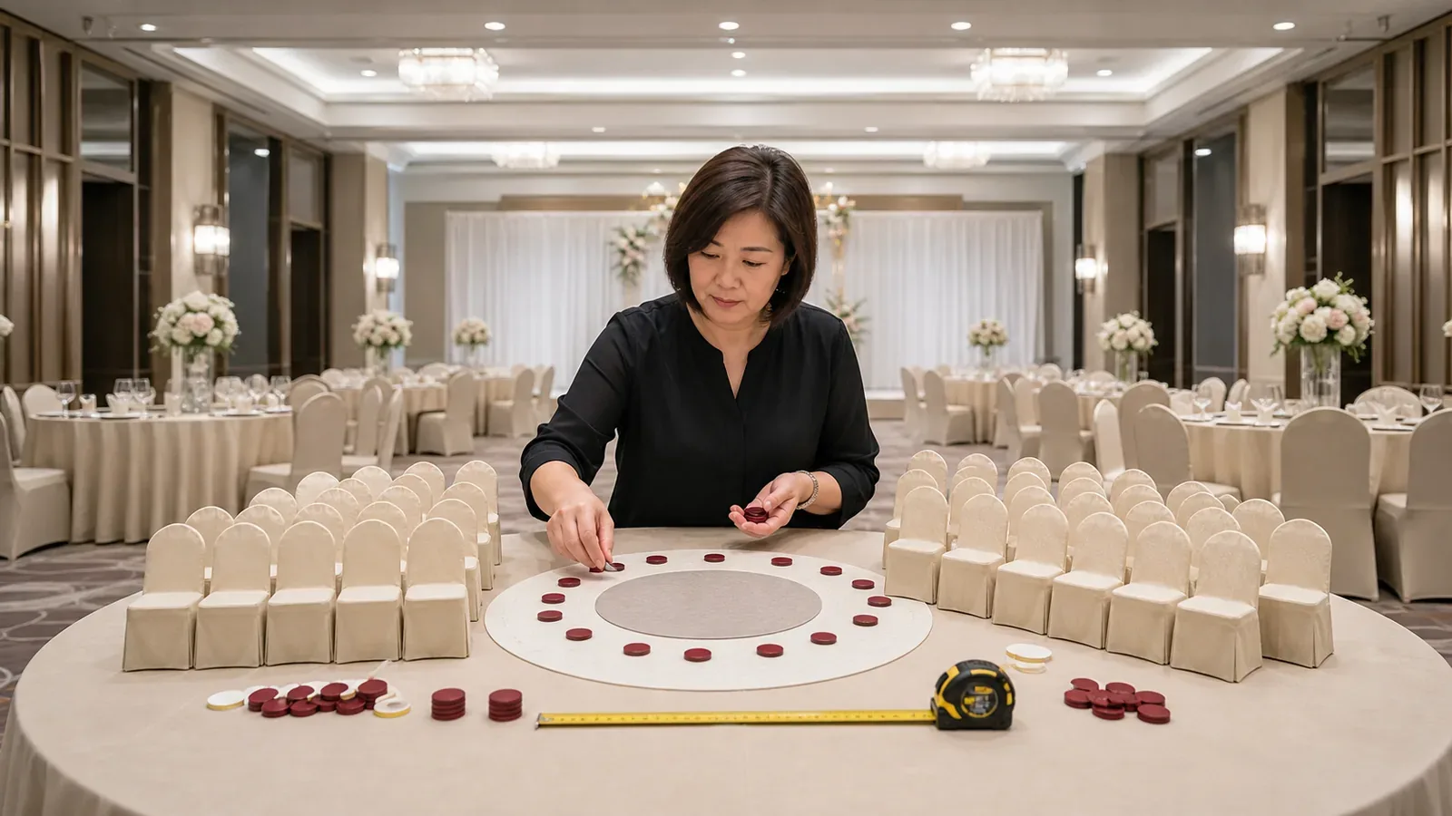 Seating and table estimator — event furniture arranged and centred for an event setup